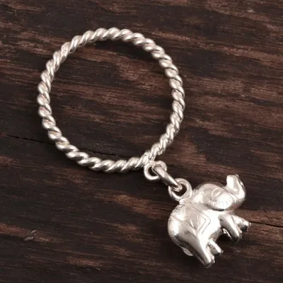 Alternate image for Sterling Silver Band Ring with Elephant Charm from India Elephant Rope