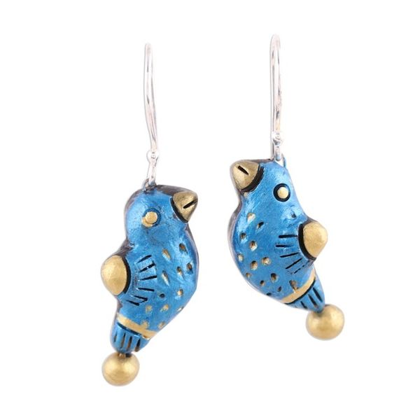Alternate image for Hand Crafted Terracotta Blue Bird Earrings from India Dancing Sparrow