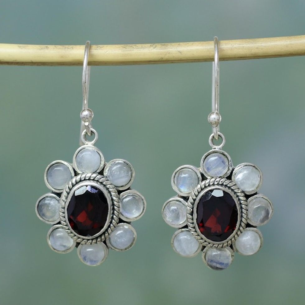 Rainbow Moonstone Garnet Sterling Silver Dangle Earrings 'Pure Radiance'