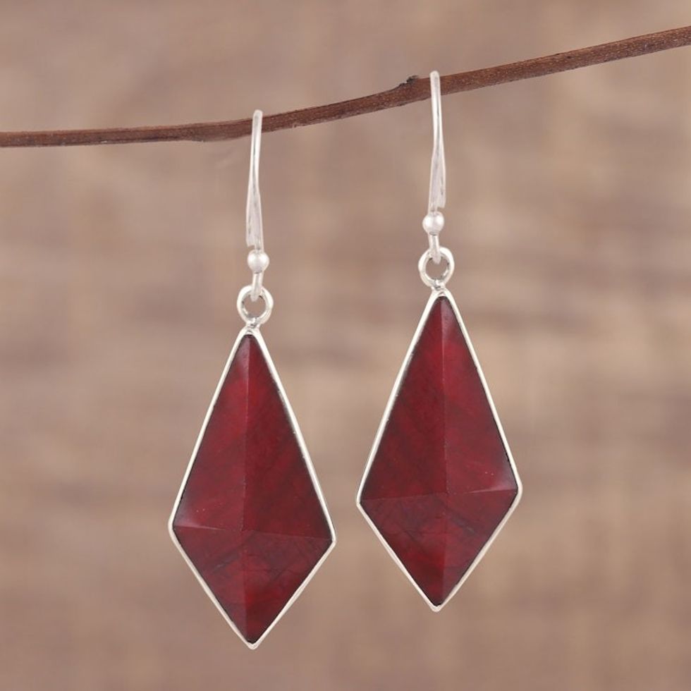 Handmade Ruby and Sterling Silver Dangle Earrings from India 'Crimson Kite'