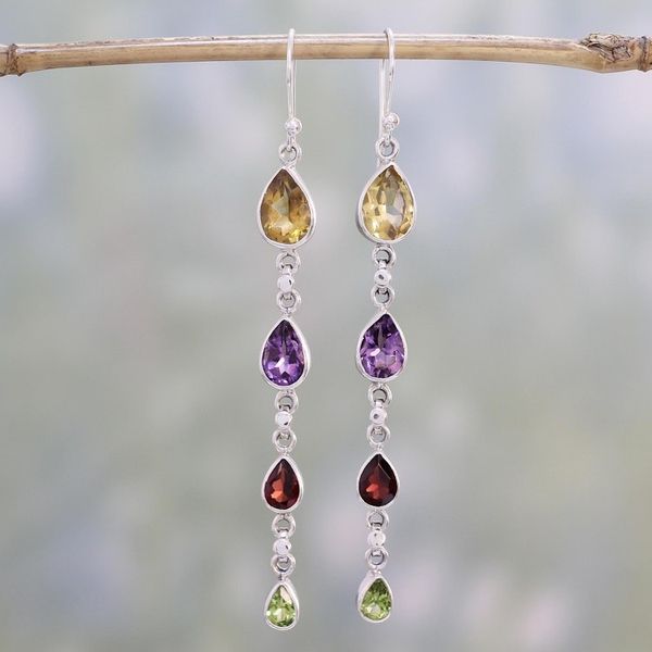 Alternate image for Multi-Gem Citrine Amethyst Garnet and Peridot Earrings Dazzling Drops