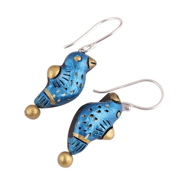 Alternate image for Hand Crafted Terracotta Blue Bird Earrings from India Dancing Sparrow