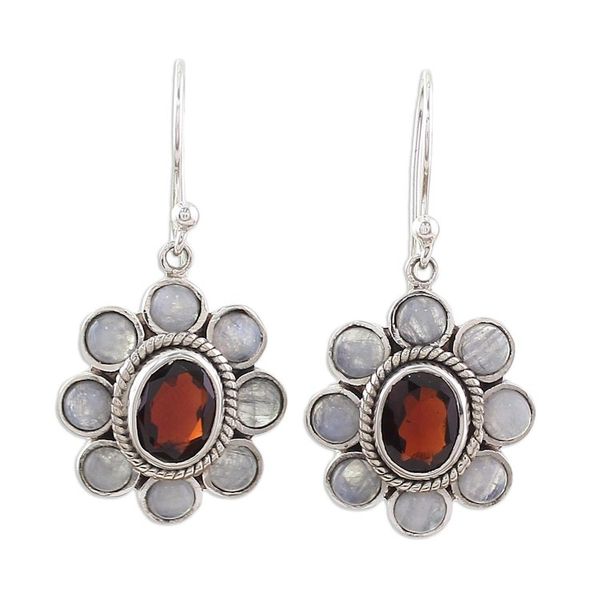 Alternate image for Rainbow Moonstone Garnet Sterling Silver Dangle Earrings Pure Radiance