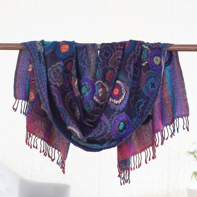 Alternate image for Hand-Embroidered Wool Shawl with Vibrant Floral Pattern Blooming Mirage