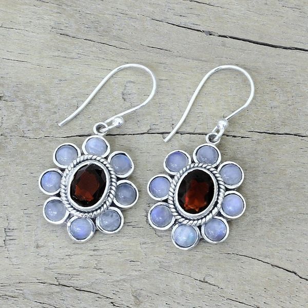 Alternate image for Rainbow Moonstone Garnet Sterling Silver Dangle Earrings Pure Radiance