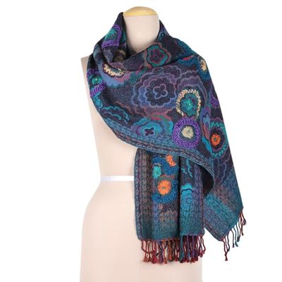 Alternate image for Hand-Embroidered Wool Shawl with Vibrant Floral Pattern Blooming Mirage