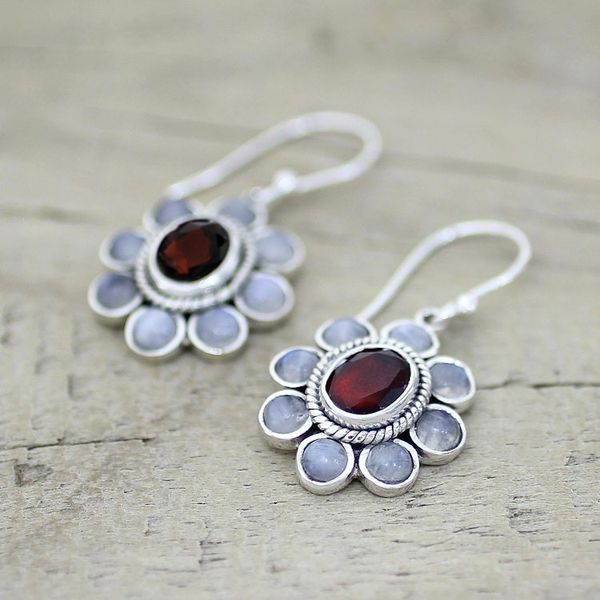 Alternate image for Rainbow Moonstone Garnet Sterling Silver Dangle Earrings Pure Radiance