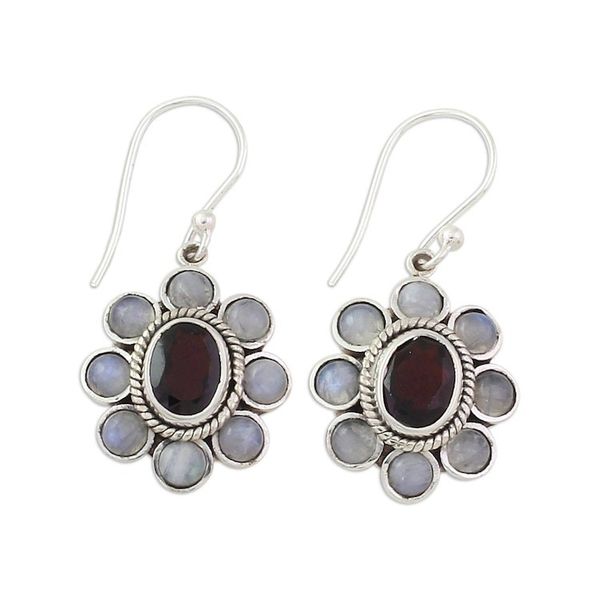 Alternate image for Rainbow Moonstone Garnet Sterling Silver Dangle Earrings Pure Radiance