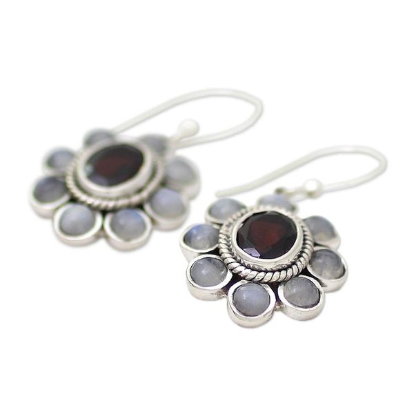 Alternate image for Rainbow Moonstone Garnet Sterling Silver Dangle Earrings Pure Radiance