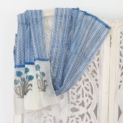 Alternate image for Azure Floral-Motif Chanderi Cotton Scarf Azure Fantasy