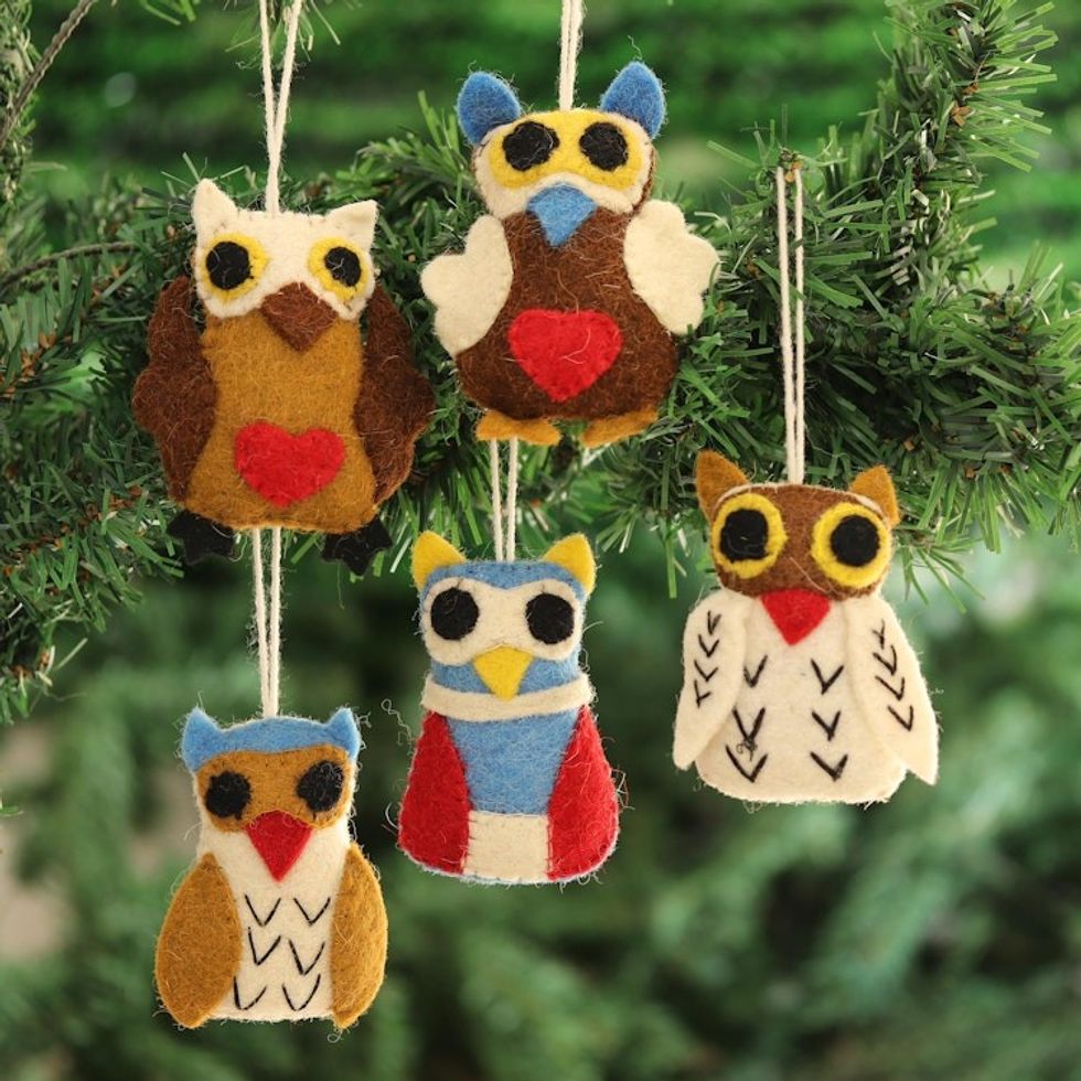 Colorful Wool Felt Owl Ornaments from India Set of 5 'Happy Owls'