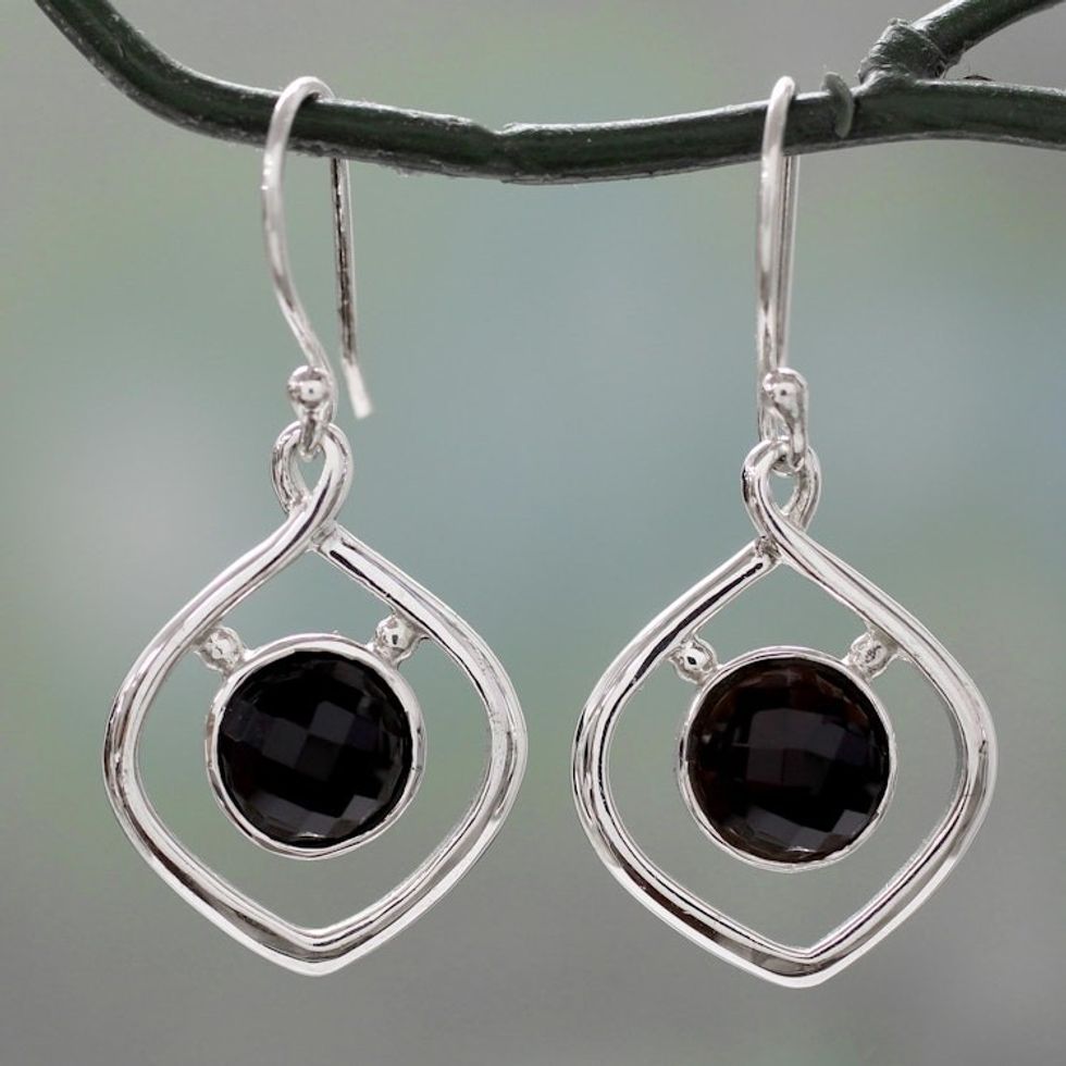 Handcrafted Contemporary Indian Earrings in Silver and Onyx 'Midnight Facets'