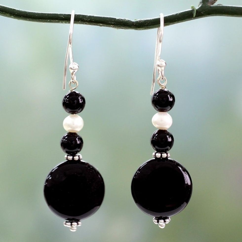 Onyx and pearl dangle earrings 'Midnight Kisses'