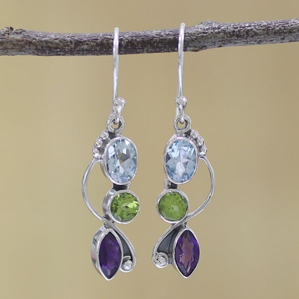 Alternate image for Blue Topaz Peridot Amethyst Sterling Silver Dangle Earrings Shimmering Alliance