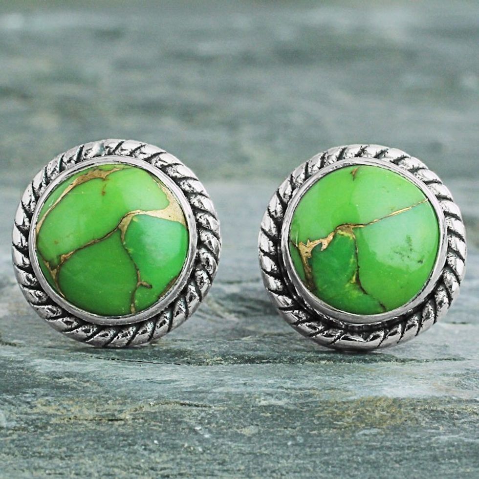 Silver 925 and Green Composite Turquoise Stud Earrings 'Verdant Radiance'