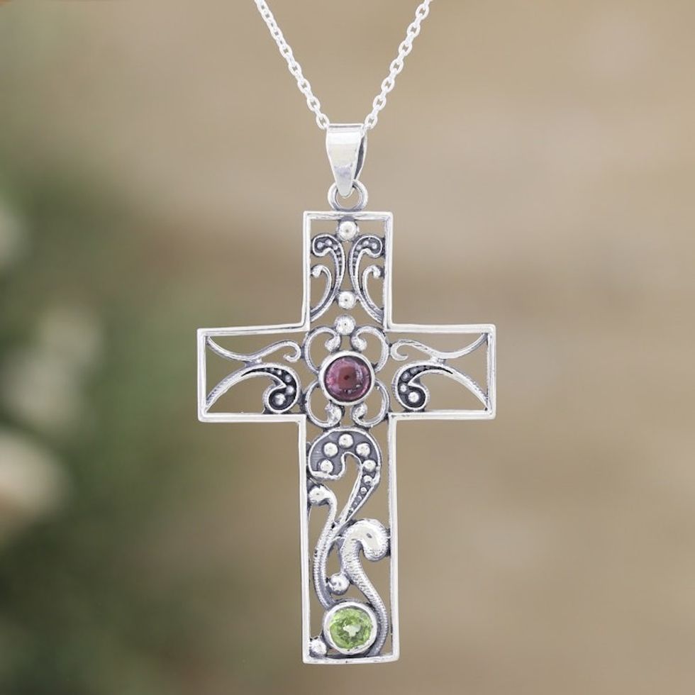 Sterling Silver Cross Pendant Necklace with Garnet  Peridot 'Hope Cross'