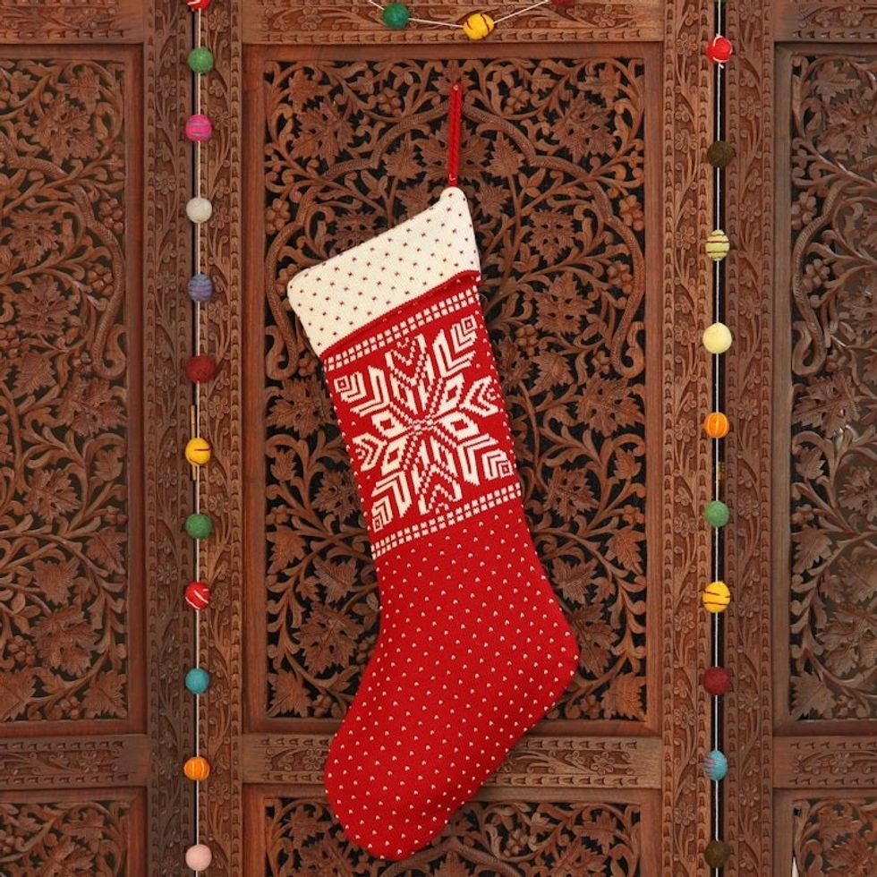 Snowflake Pattern Knit Stocking in Poppy from India 'Snowflake Charm'