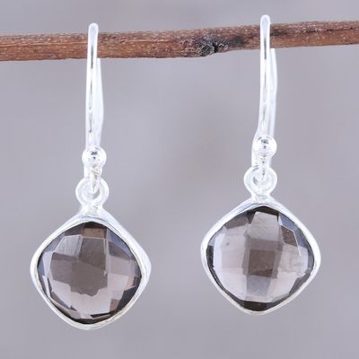 Alternate image for Checkerboard Cut Smoky Quartz and Silver Earrings Sea Glass