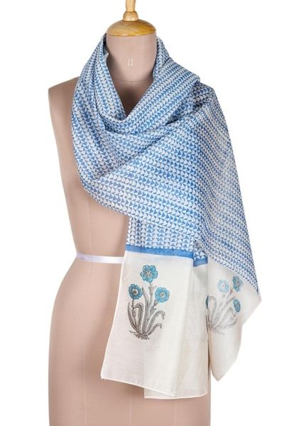 Alternate image for Azure Floral-Motif Chanderi Cotton Scarf Azure Fantasy