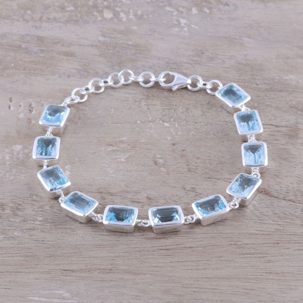 Rectangular Blue Topaz Link Bracelet from India 'Watery Rectangles'