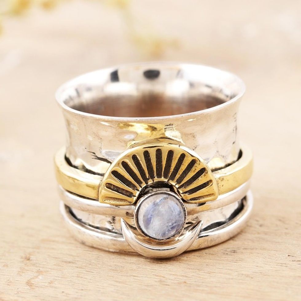 Rainbow Moonstone and Sterling Silver Meditation Ring 'Rising Glory'