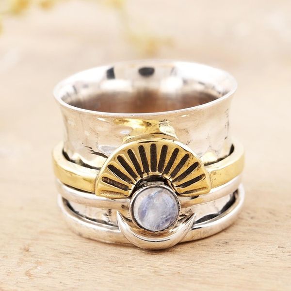 Alternate image for Rainbow Moonstone and Sterling Silver Meditation Ring Rising Glory