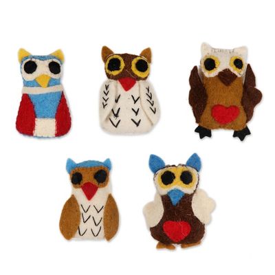 Alternate image for Colorful Wool Felt Owl Ornaments from India Set of 5 Happy Owls