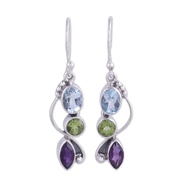 Alternate image for Blue Topaz Peridot Amethyst Sterling Silver Dangle Earrings Shimmering Alliance