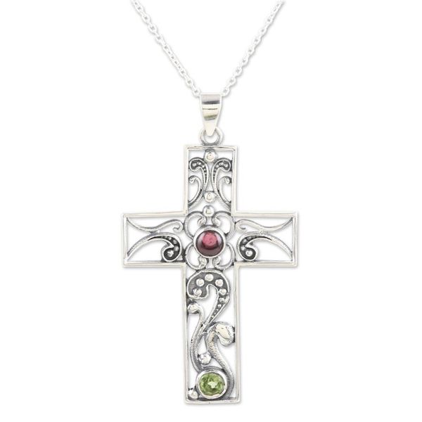 Alternate image for Sterling Silver Cross Pendant Necklace with Garnet  Peridot Hope Cross