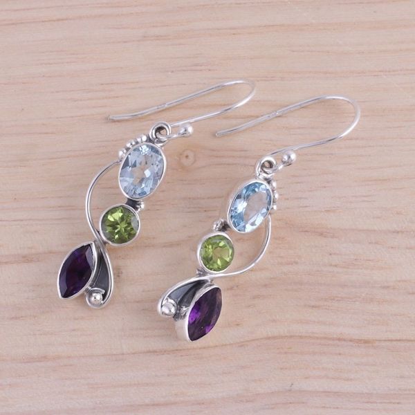 Alternate image for Blue Topaz Peridot Amethyst Sterling Silver Dangle Earrings Shimmering Alliance