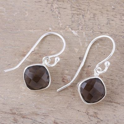 Alternate image for Checkerboard Cut Smoky Quartz and Silver Earrings Sea Glass