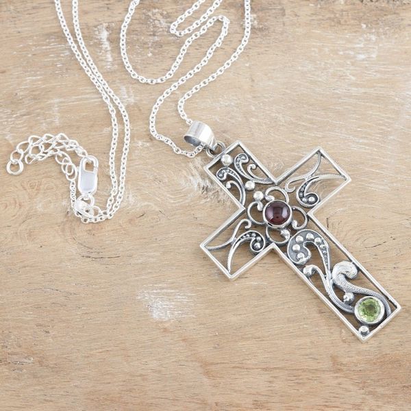 Alternate image for Sterling Silver Cross Pendant Necklace with Garnet  Peridot Hope Cross