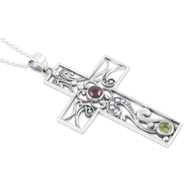 Alternate image for Sterling Silver Cross Pendant Necklace with Garnet  Peridot Hope Cross