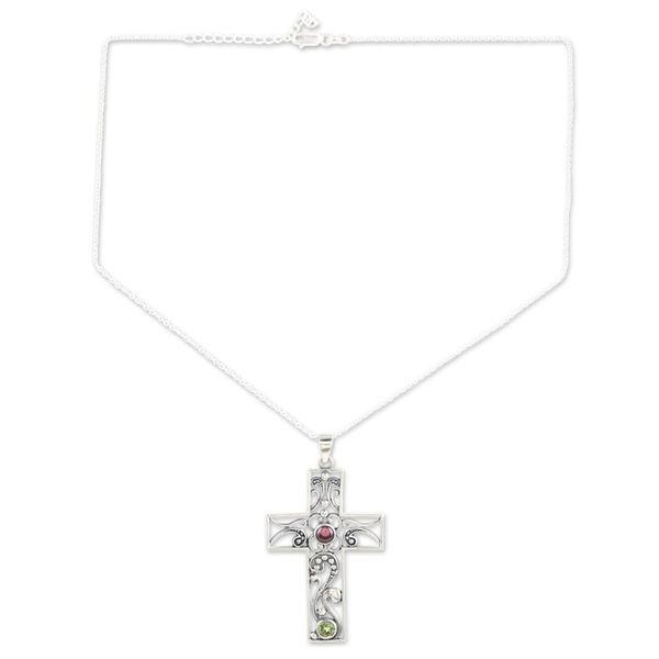 Alternate image for Sterling Silver Cross Pendant Necklace with Garnet  Peridot Hope Cross