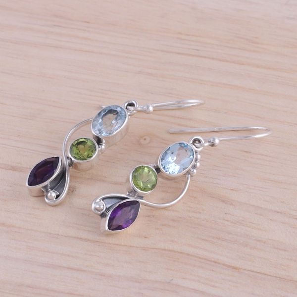 Alternate image for Blue Topaz Peridot Amethyst Sterling Silver Dangle Earrings Shimmering Alliance