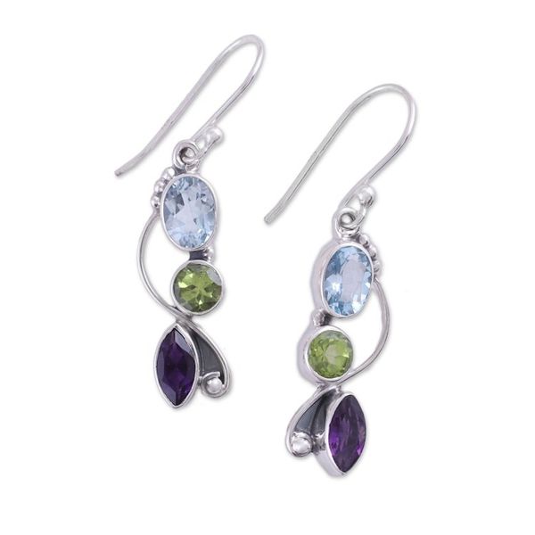 Alternate image for Blue Topaz Peridot Amethyst Sterling Silver Dangle Earrings Shimmering Alliance