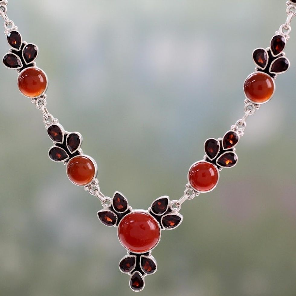 Hand Crafted Carnelian and Garnet Sterling Silver Necklace 'Rosy Blossom'