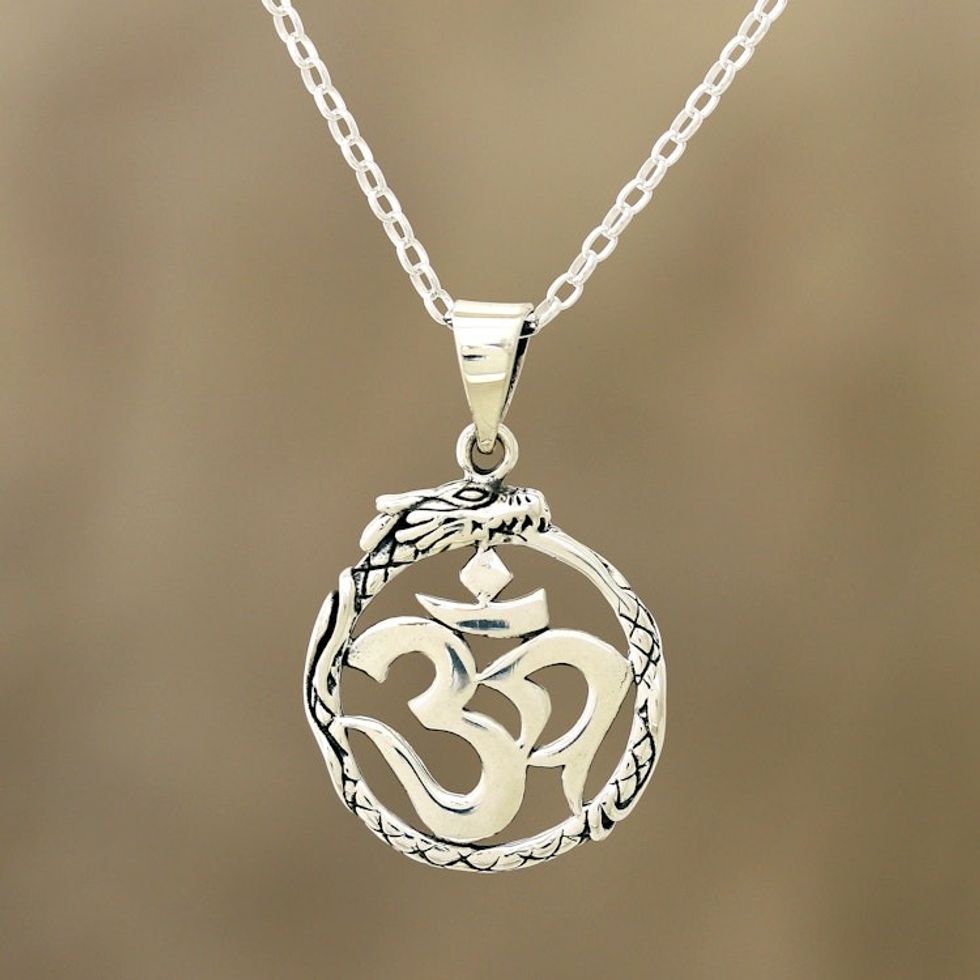 Sterling Silver Dragon Om Pendant Necklace from India 'Dragon Om'