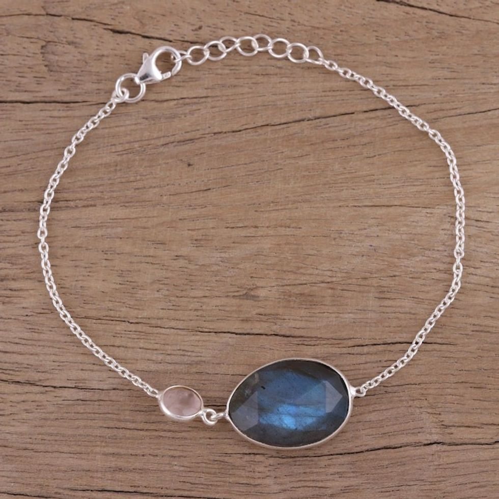 Sterling Silver Labradorite and Rose Quartz Pendant Bracelet 'Mist and Mystery'