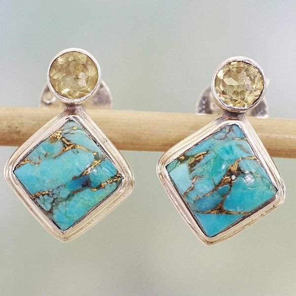Alternate image for Indian Citrine Earrings with Composite Blue Turquoise Turquoise Sparkle