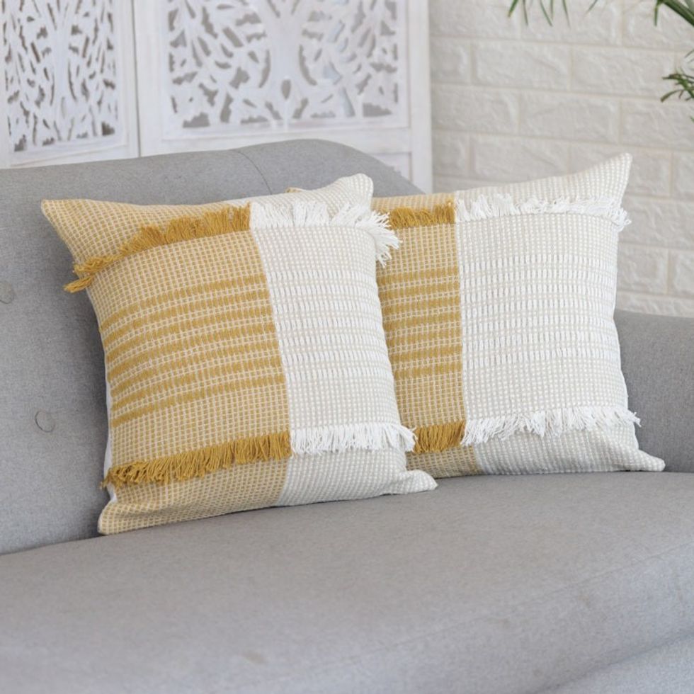 Amber and Ivory Cotton Cushion Covers Pair 'Delhi Sophistication in Honey'