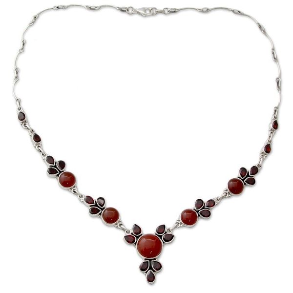 Alternate image for Hand Crafted Carnelian and Garnet Sterling Silver Necklace Rosy Blossom