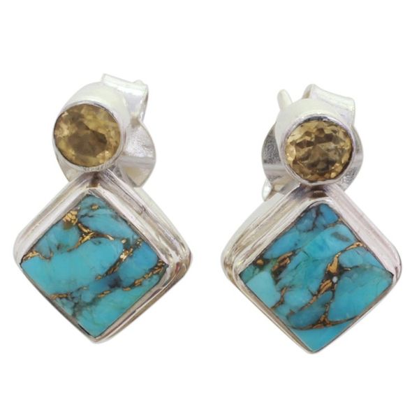 Alternate image for Indian Citrine Earrings with Composite Blue Turquoise Turquoise Sparkle