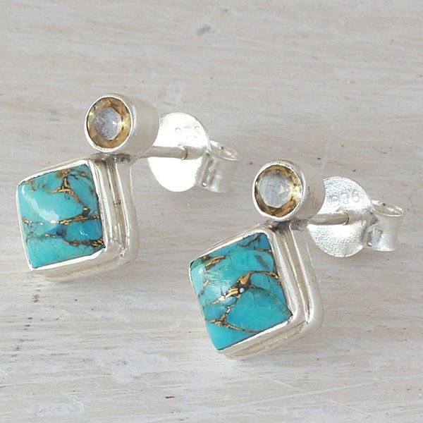 Alternate image for Indian Citrine Earrings with Composite Blue Turquoise Turquoise Sparkle