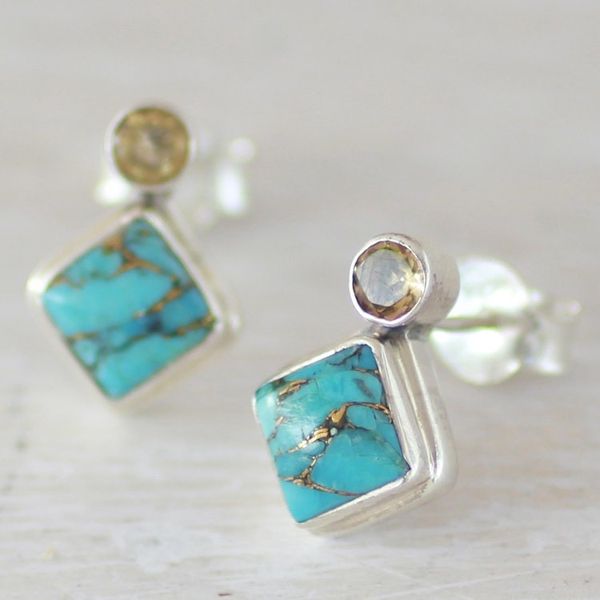 Alternate image for Indian Citrine Earrings with Composite Blue Turquoise Turquoise Sparkle