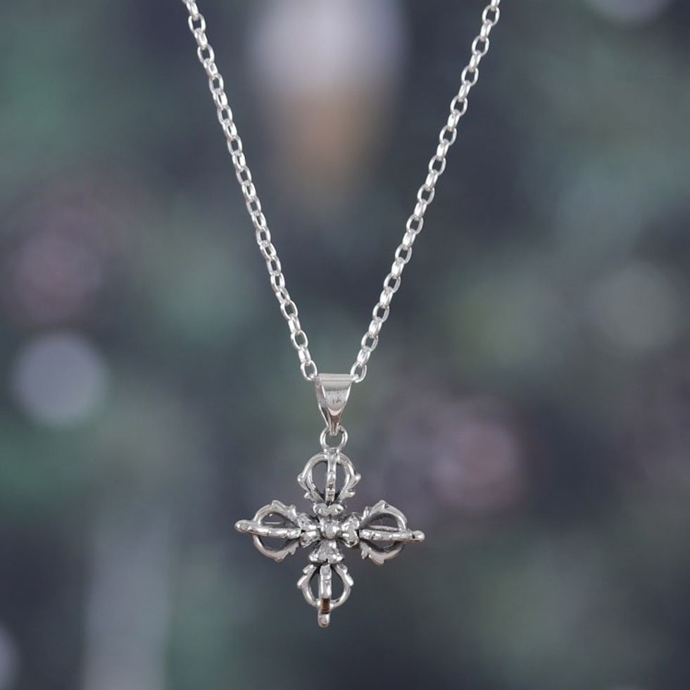 Classic Sterling Silver Dorje Pendant Necklace from India 'Dorje Flower'
