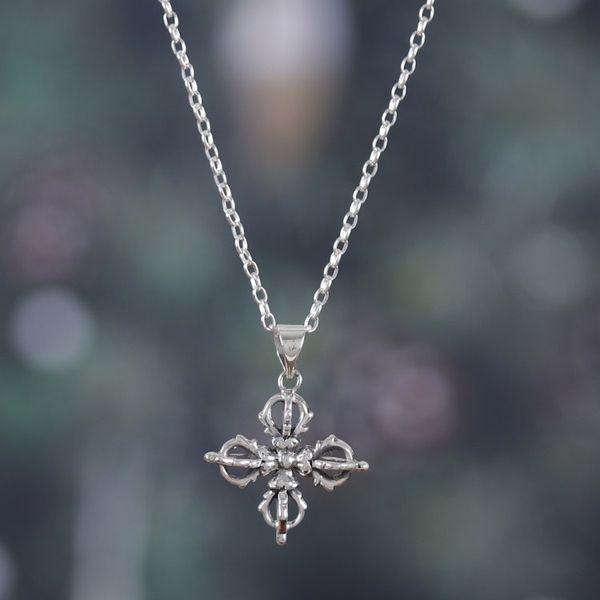 Alternate image for Classic Sterling Silver Dorje Pendant Necklace from India Dorje Flower