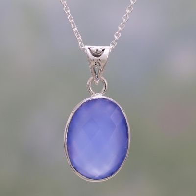 Alternate image for Eight Carat Chalcedony and Sterling Silver Pendant Necklace Blue Serenity