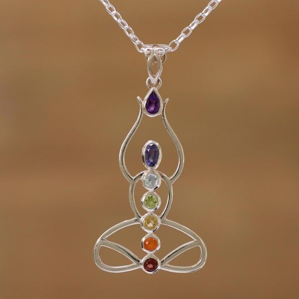 Alternate image for Multi-Gemstone Chakra Meditation Pendant Necklace from India Harmonious Mind