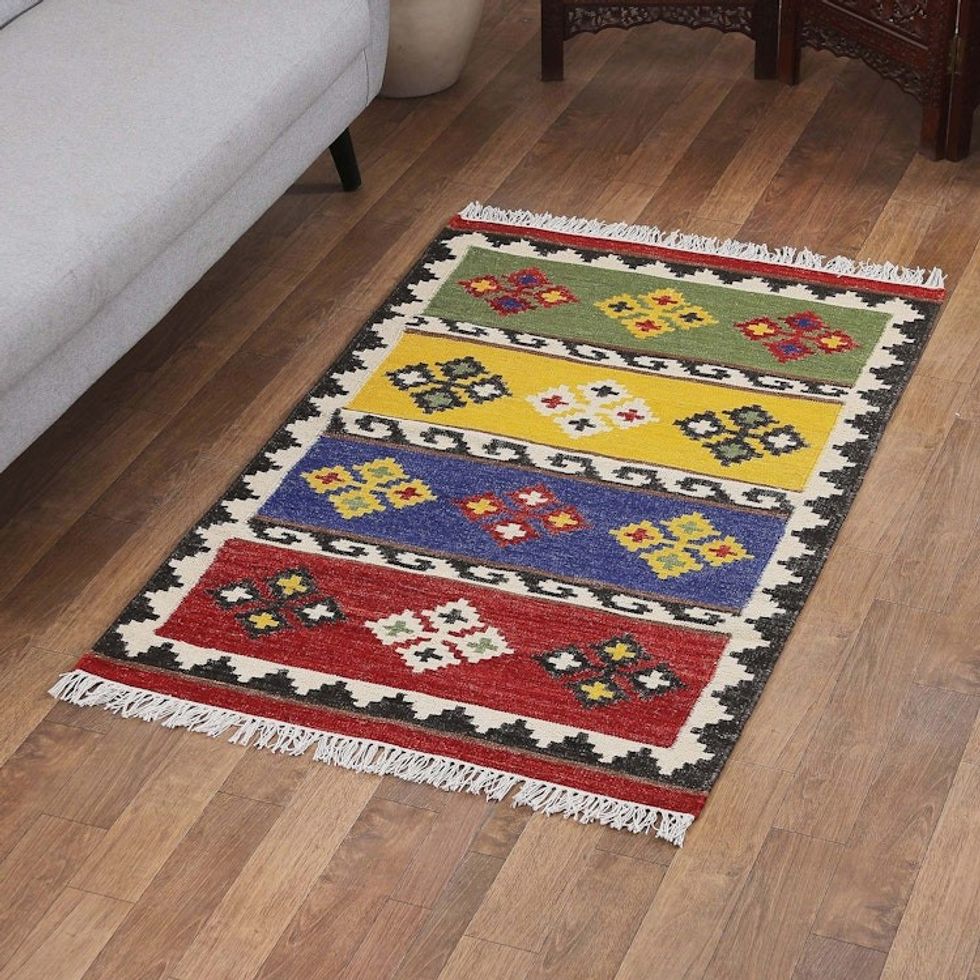 Handloomed Geometric Colorful Wool Area Rug from India 3x5 'Unique Home'